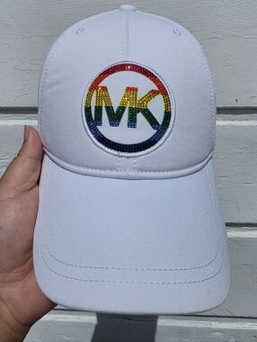RARE LIMITED EDITION Michael Kors White Cap with Rainbow MK Crystal Logo